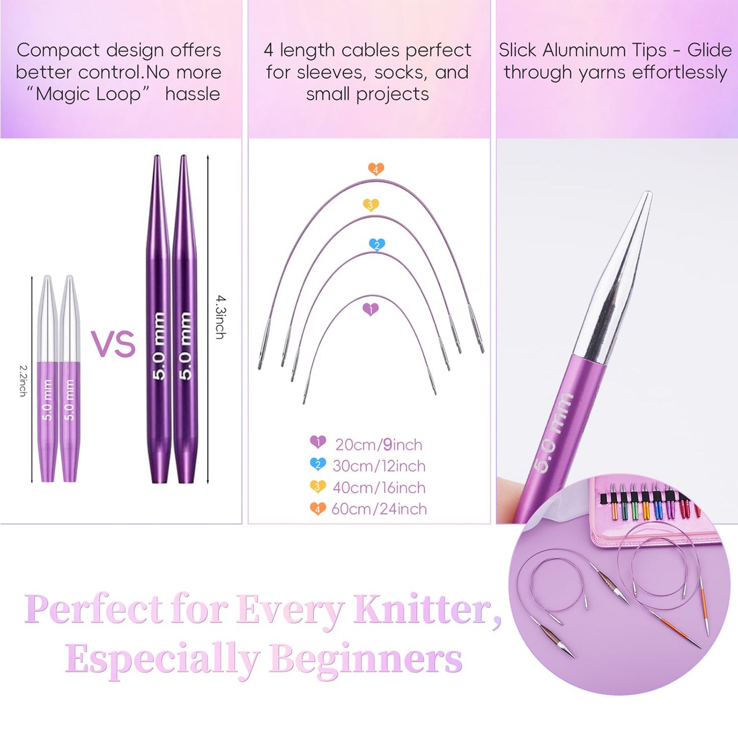 Weabetfu Interchangeable Knitting Needles Set 2 Inch Short Circular Knitting Needles for Sock,Aluminum Shorties Knitting Round Needles for Beginner and DIY Crafts (12 Pairs 3.0~8.0mm)