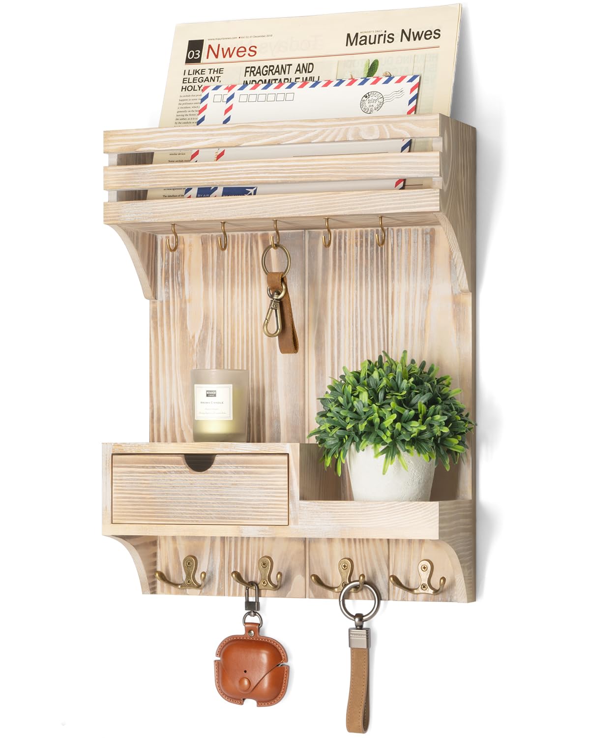Rebee Vision Decorative Key Holder Wall Mount with Mini Drawer Organizer - Farmhouse Key Holder for Wall with Mail Organizer & 9 Key Hooks - Ideal Room Decor Aesthetic (Natural Wood)