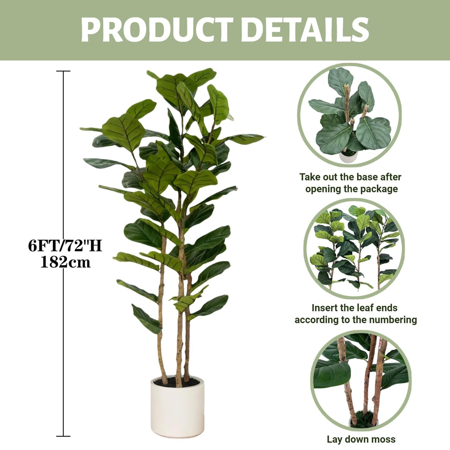 Artificial Fiddle Leaf Fig Tree 6FT with White Tall Planter-Large Faux Tree Tall Fake Floor Plant in Pot,Artificial Plants Indoor for Home Office Living Room Décor(Lyrata 6FT)