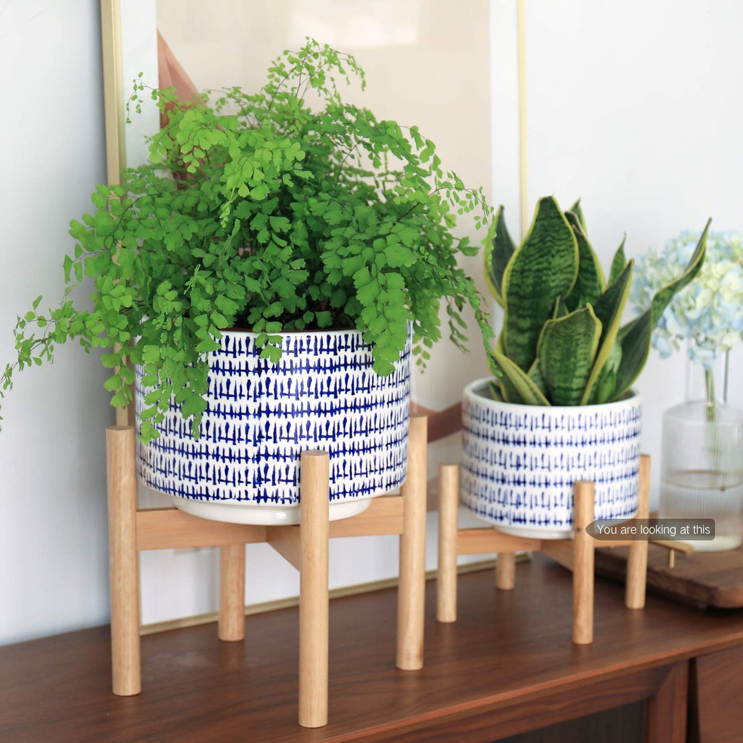 LA JOLIE MUSE Blue Planter with Stand - 7.3 Inch Retro Round Decorative Flower Pot Indoor with Wood Planter Holder, Blue and White, Home Decor Gift