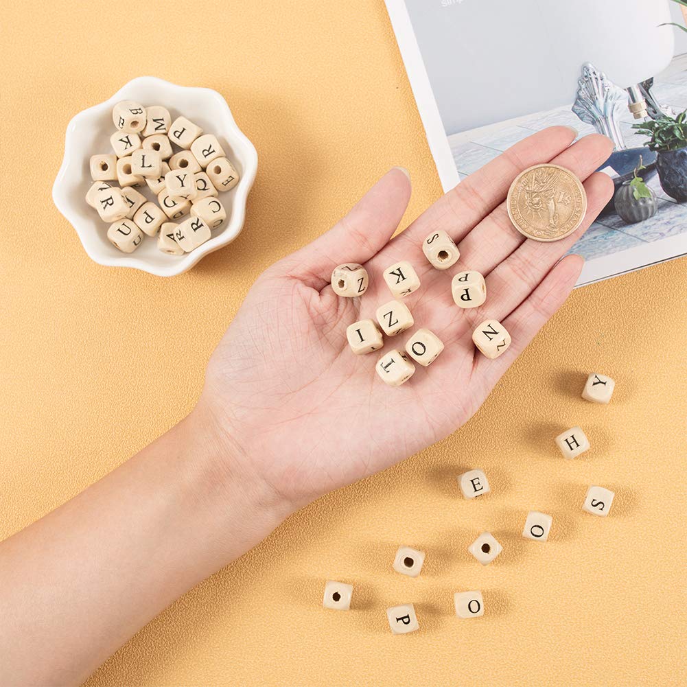 PH PandaHall 1060pcs 10mm Alphabet Wooden Beads Random Natural Square Wooden Beads 3~4mm Hole Wood Loose Bead with Initial Letter Cube Bead for Jewelry Making and DIY Projects