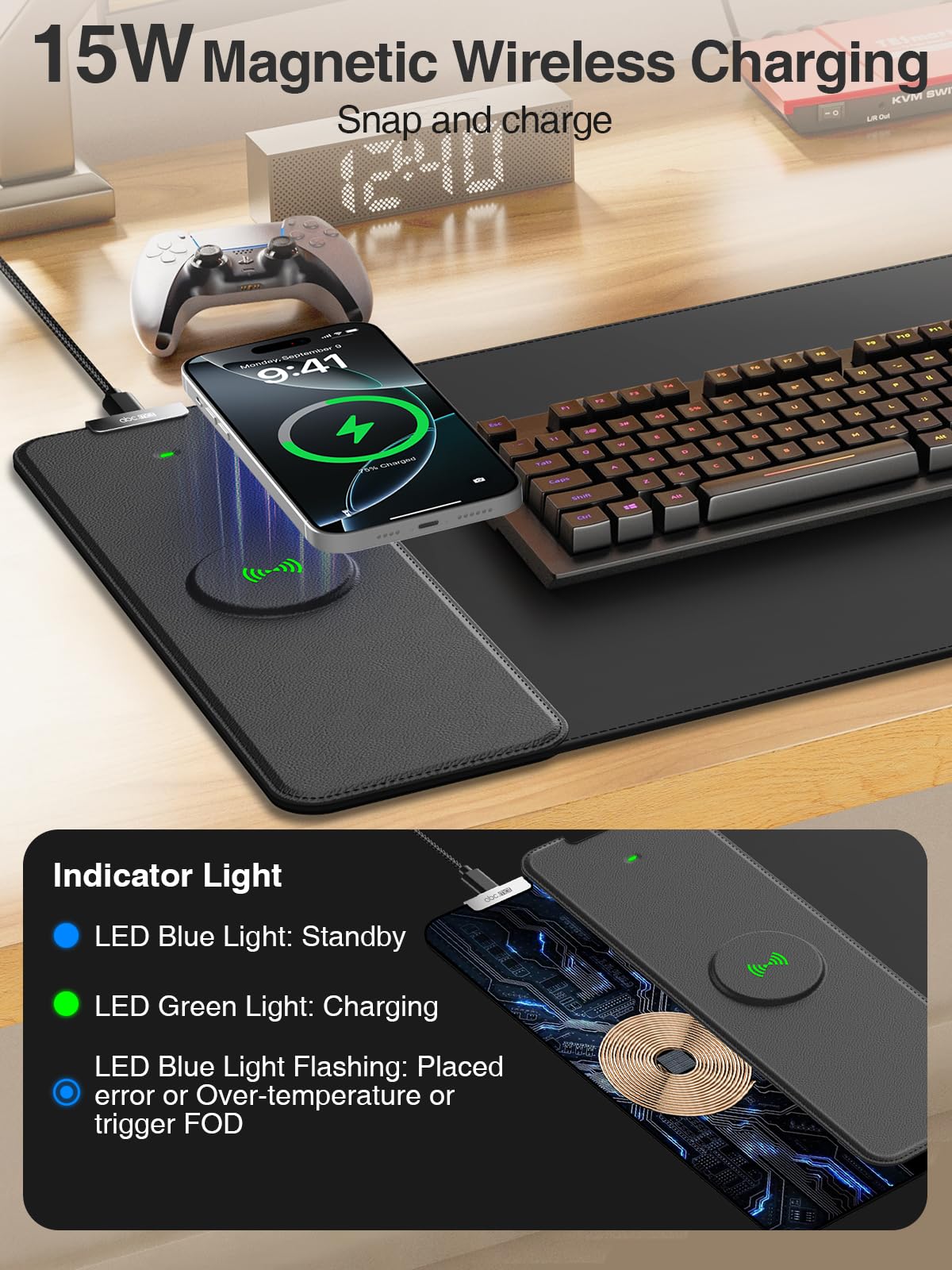 2-in-1 Mouse Pad with Magnetic Wireless Charging, 31.5"x11.8" Large, Waterproof Smooth Surface, Non-Slip Base, No Adapter, Black