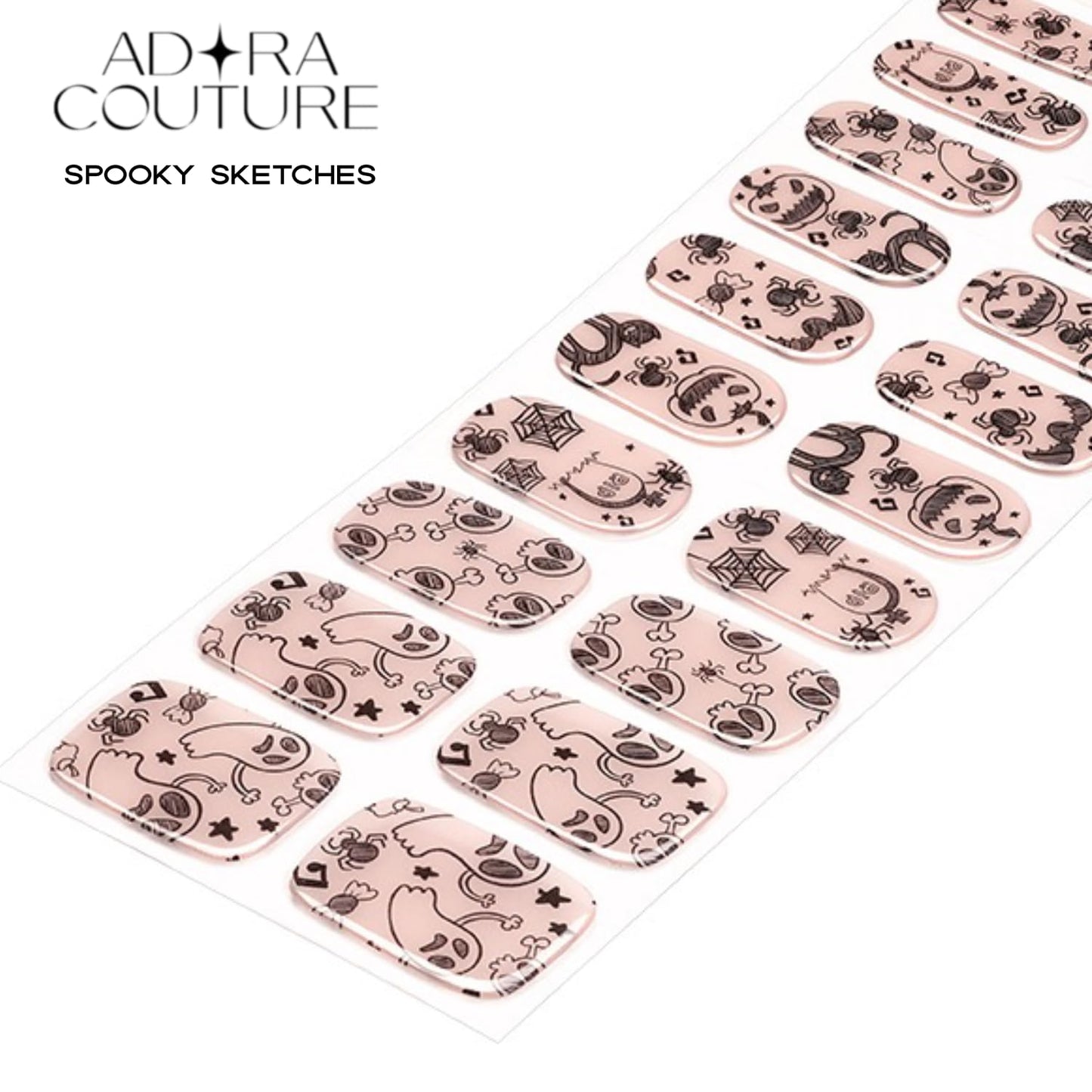 Adora Couture Semi Cured Gel Nail Strips with 20 Pieces - UV Gel Stickers, Manicure Kit, Easy Application Wraps Includes Prep Pads, Nail File, Wooden Stick - UV Light Required (Spooky Sketches)
