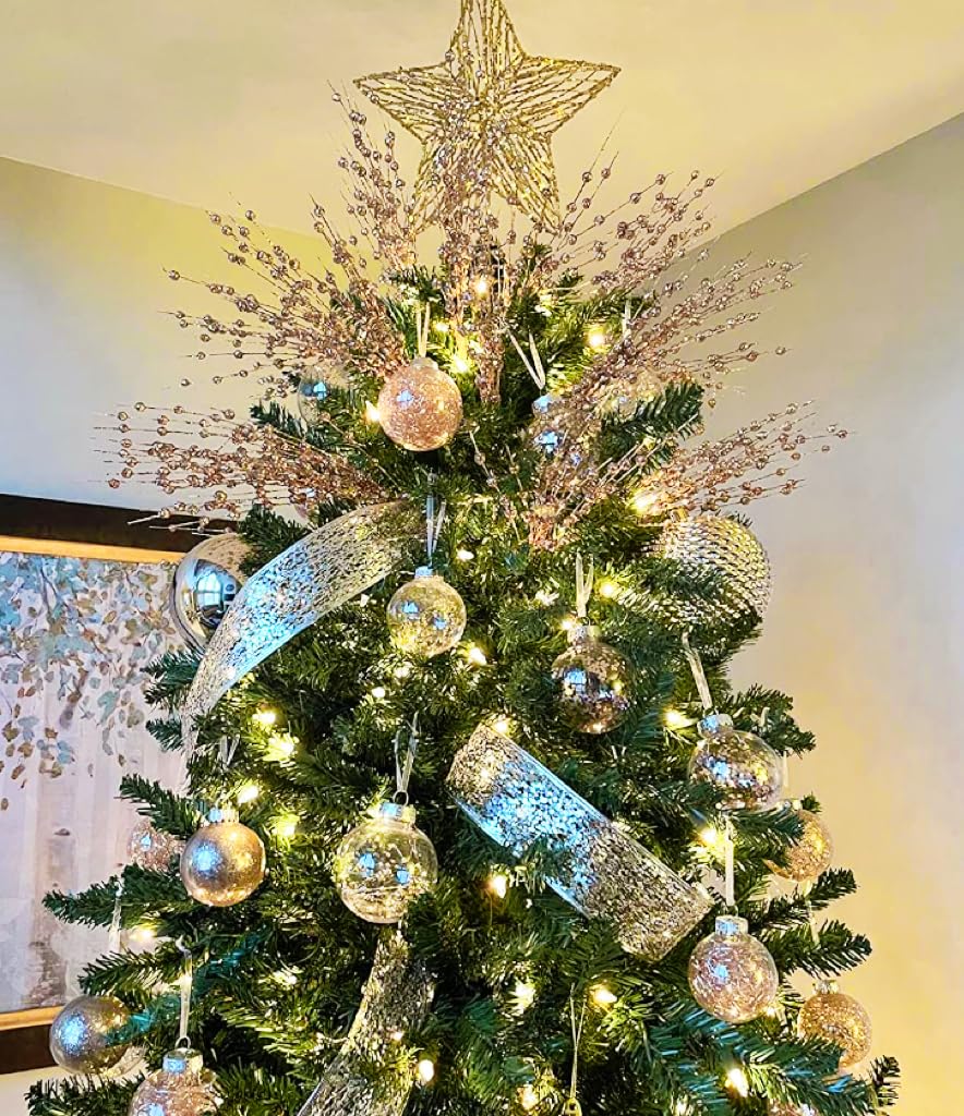 Sggvecsy 20 Pack Artificial Glitter Berry Stem Ornaments 17 Inches Fake Christmas Picks Decorative Glitter Sticks for Christmas Tree DIY Wreath Crafts Gift Fireplace Holiday Home Decor (Champagne)