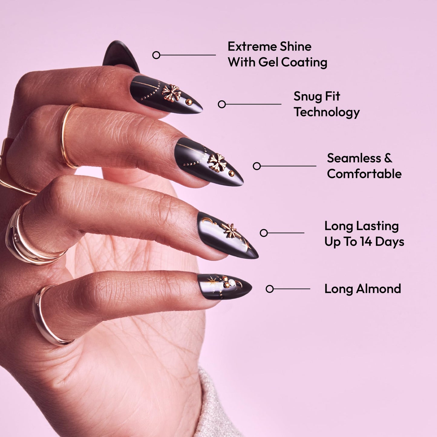 Glitzy 3D Handmade Press On Nail Kit, Rhinestone Gem Black Chrome Long Almond False Nail, Reusable & Lasts Up To 2 Weeks, Seamless Snug Fit Technology, Includes Glue, File & 28Pcs Manicure Set