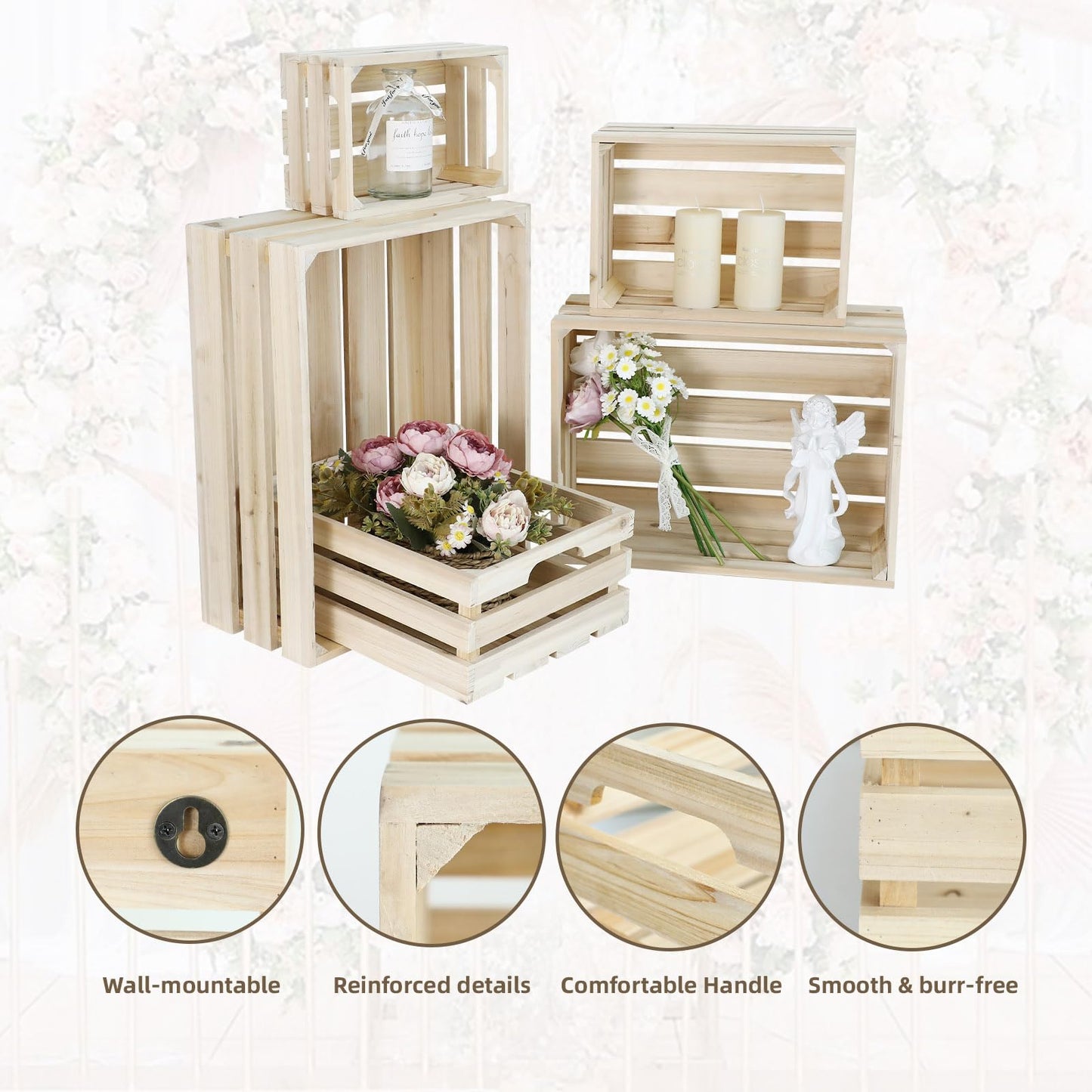 MACVAD 5-Piece Rustic Wooden Crates Unfinished Set, Wall Mountable Slatted Storage Crates with Handles, Farmhouse Wooden Crates for Display & Organizer for Home Decor