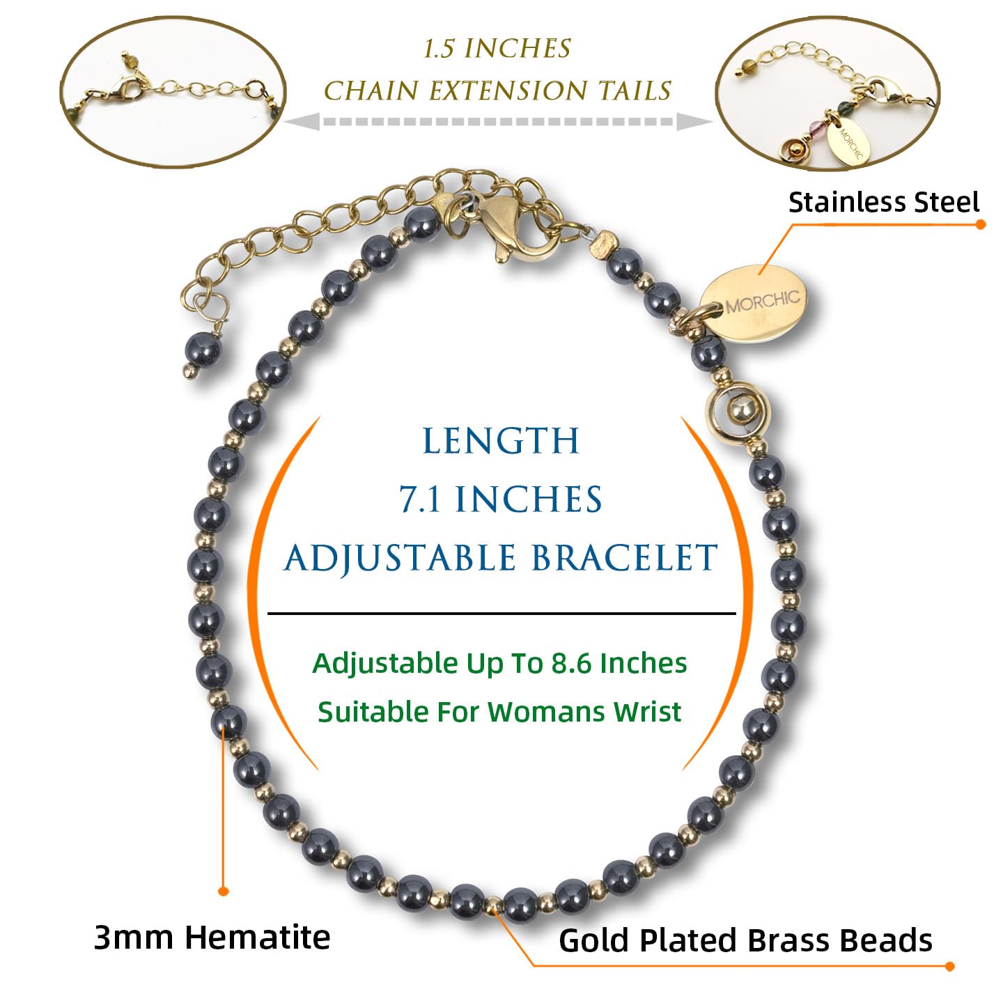 Morchic Hematite Gemstone Adjustable Bracelet for Women, 3mm Tiny Beads Energy Gem Charm Jewelry, Birthday Gift 7.1"
