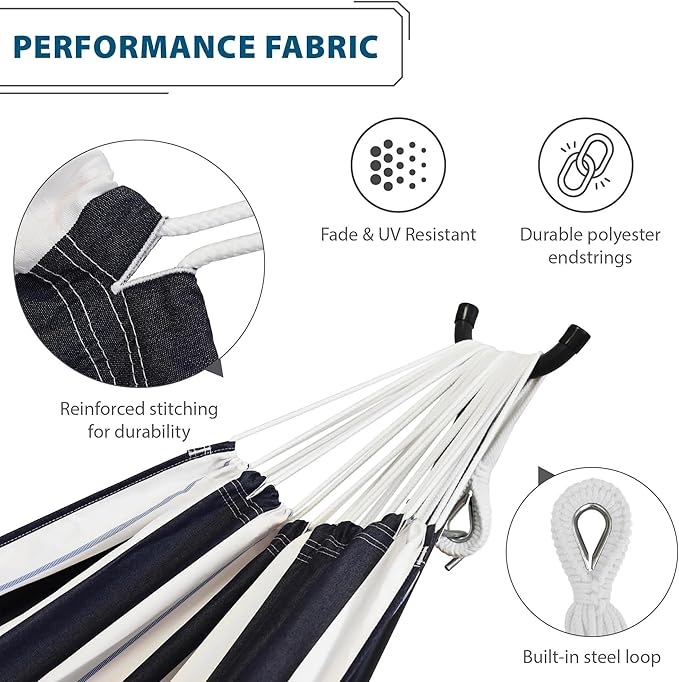 Vivere Double Sunbrella Hammock with Space-Saving Steel Stand, Heavy-Duty Portable Outdoor Hammock Set for Backyard, Patio, or Travel, Harbor