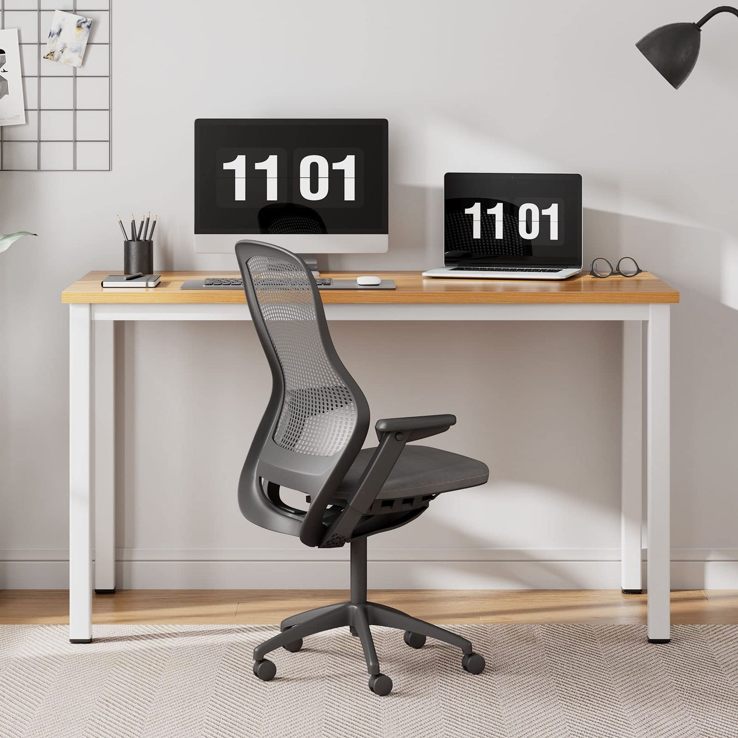 Need Computer Desk, 47 inch Home Office Desk, Modern Simple Style Home Office Gaming Desk, Basic Writing Table for Study Student, White Metal Frame, Teak Tabletop