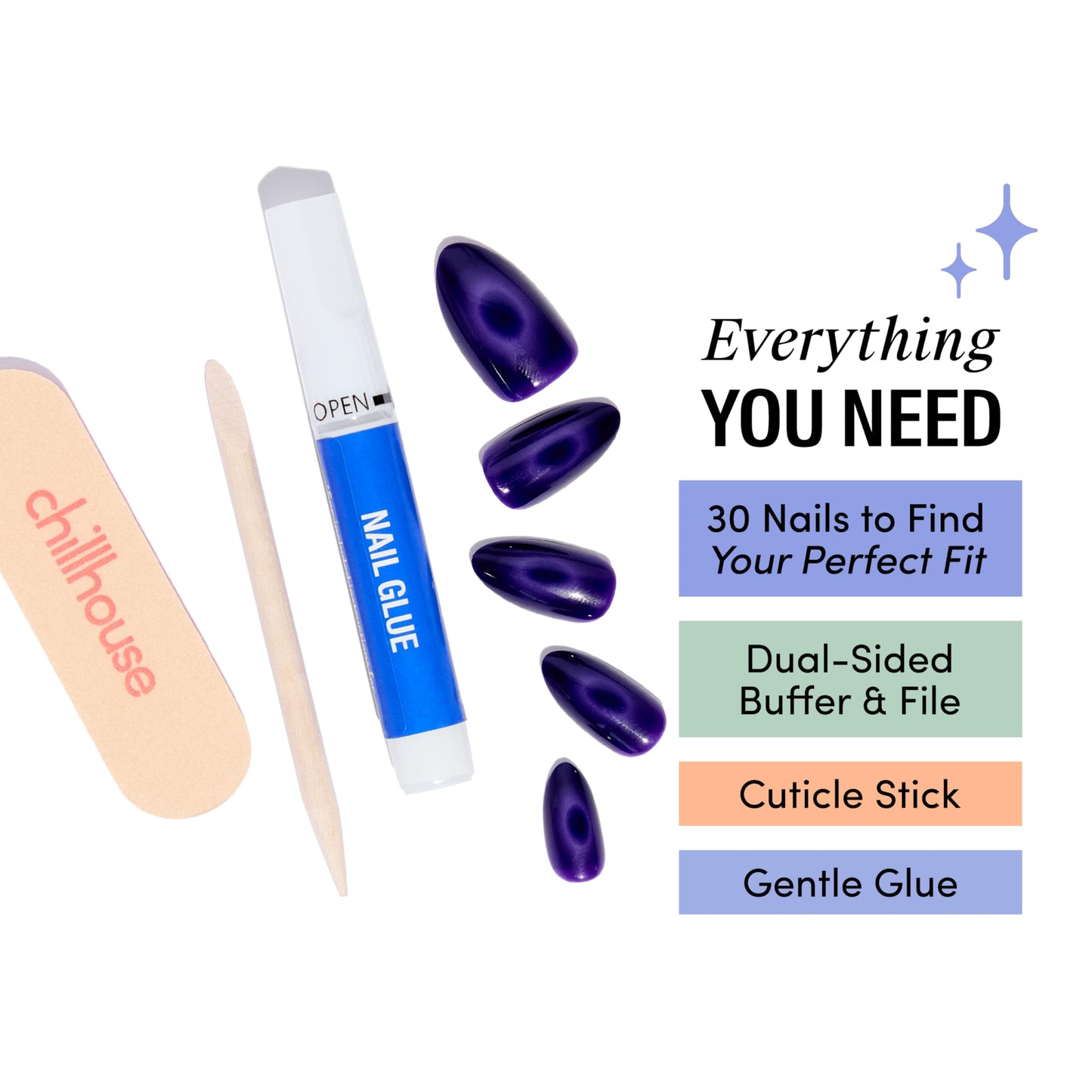 Chillhouse Chill Tips Signatures Press On Nails Kit, Szn of the Witch - 30 Nail Shapes & Sizes, Dual-Sided Buffer & File, Cuticle Stick & Glue - Long-Lasting Nail Art Manicures