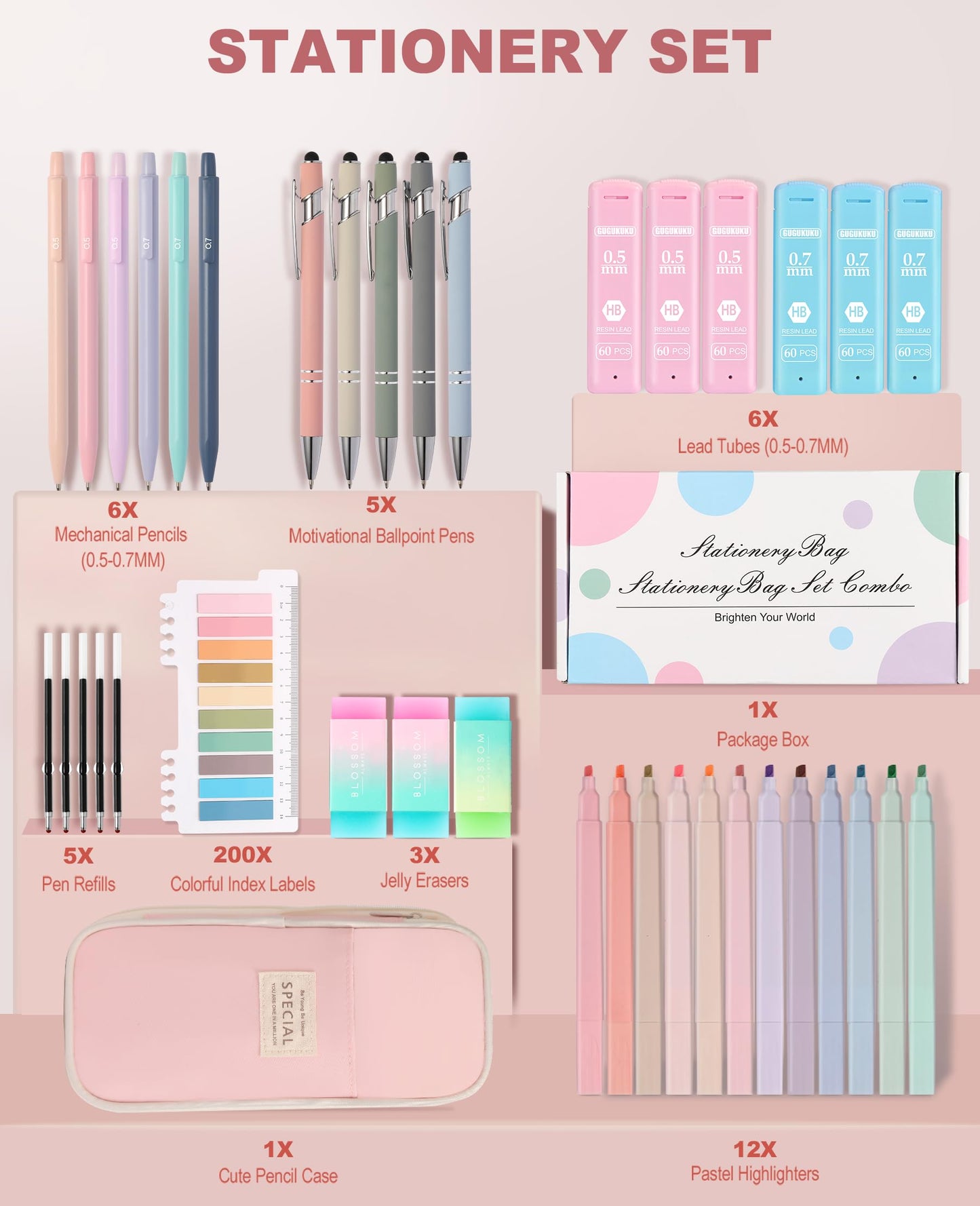 39PCS Aesthetic School Supplies with Cute Pencil Case, 5X Ballpoint Pens with Stylus Tip, 12X Pastel Highlighters, 6X Mechanical Pencil Set 0.5 & 0.7mm, Suit for Preppy School College Essentials(pink)