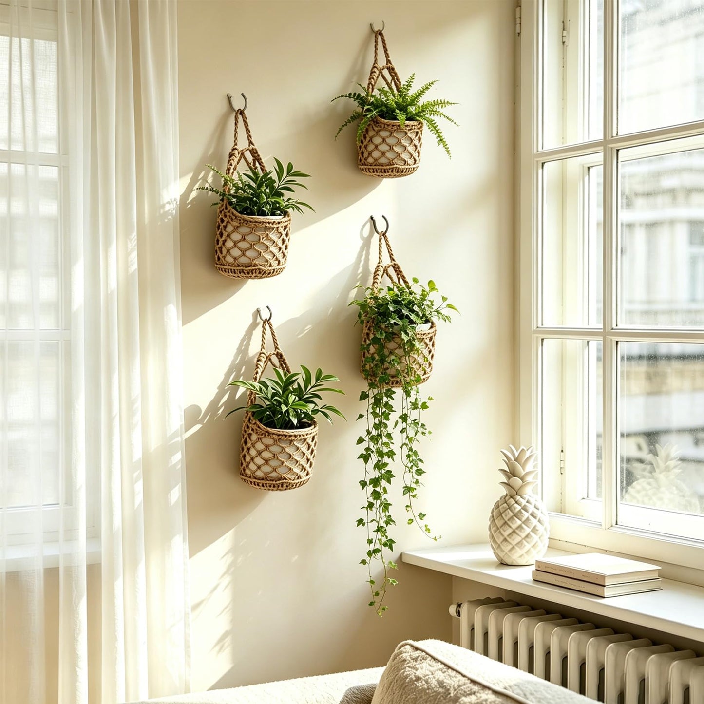 4-Pack 5-Inch Macrame Wall Plant Hangers, Natural Cotton Hanging Planter Baskets for Indoor Plants, Boho-Style Woven Plant Baskets for Walls, Small Hanging Pots for Succulents and Kitchen Storage
