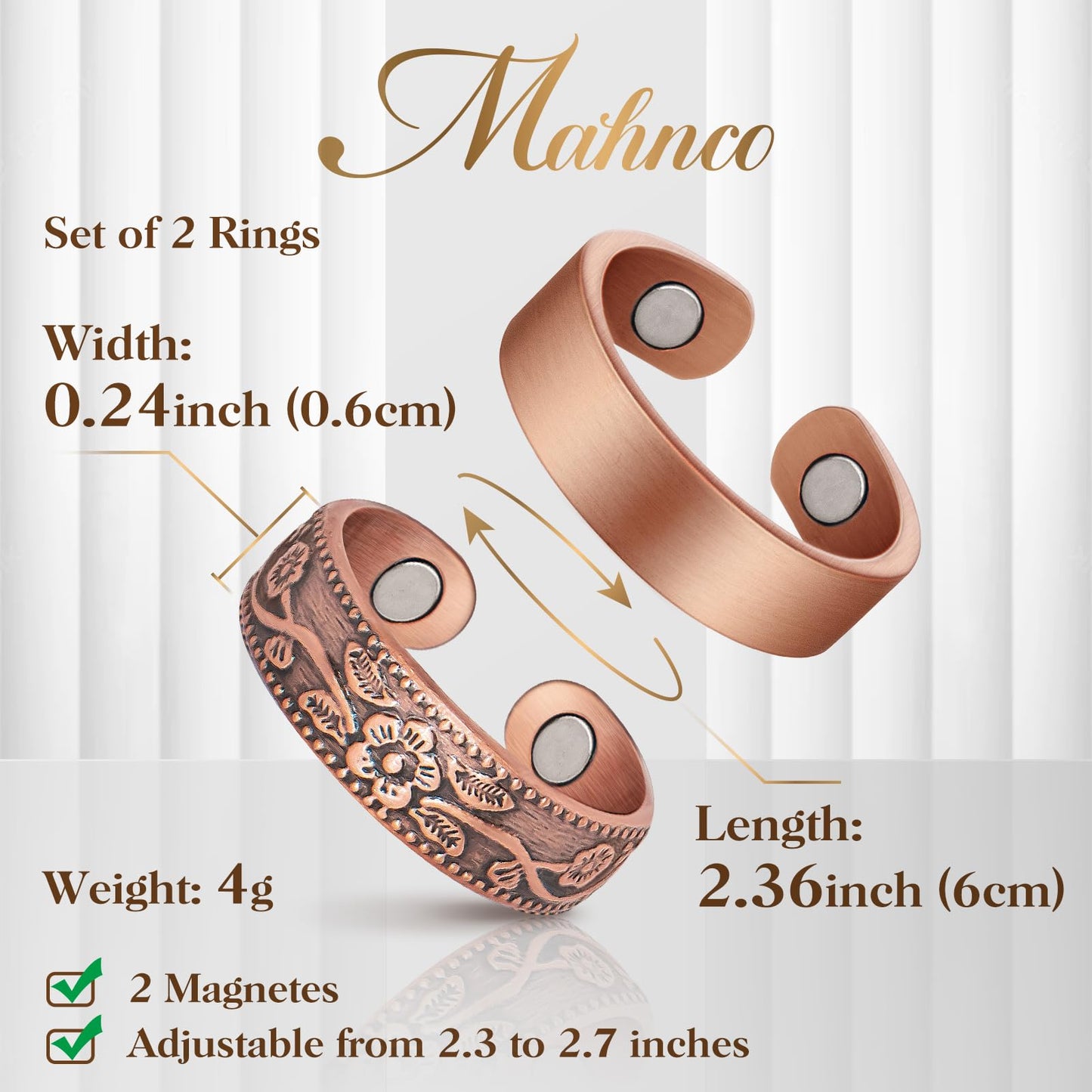 Mahnco Lymphatic Drainage Copper Rings for Women, Lymphatic Drainage Magnetic Ring, Magnetic Lymph Detox Ring 100% Pure Copper Jewelry Gift (Vintage Flower & Uncoated Smooth)