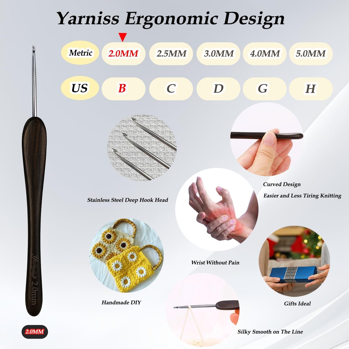 Yarniss 2.0 mm Ergonomic Crochet Hook with Ebony Wood Handle, Hand-Polished Stainless Steel Crochet Needle, Comfortable Crochet Tools with Gift Box
