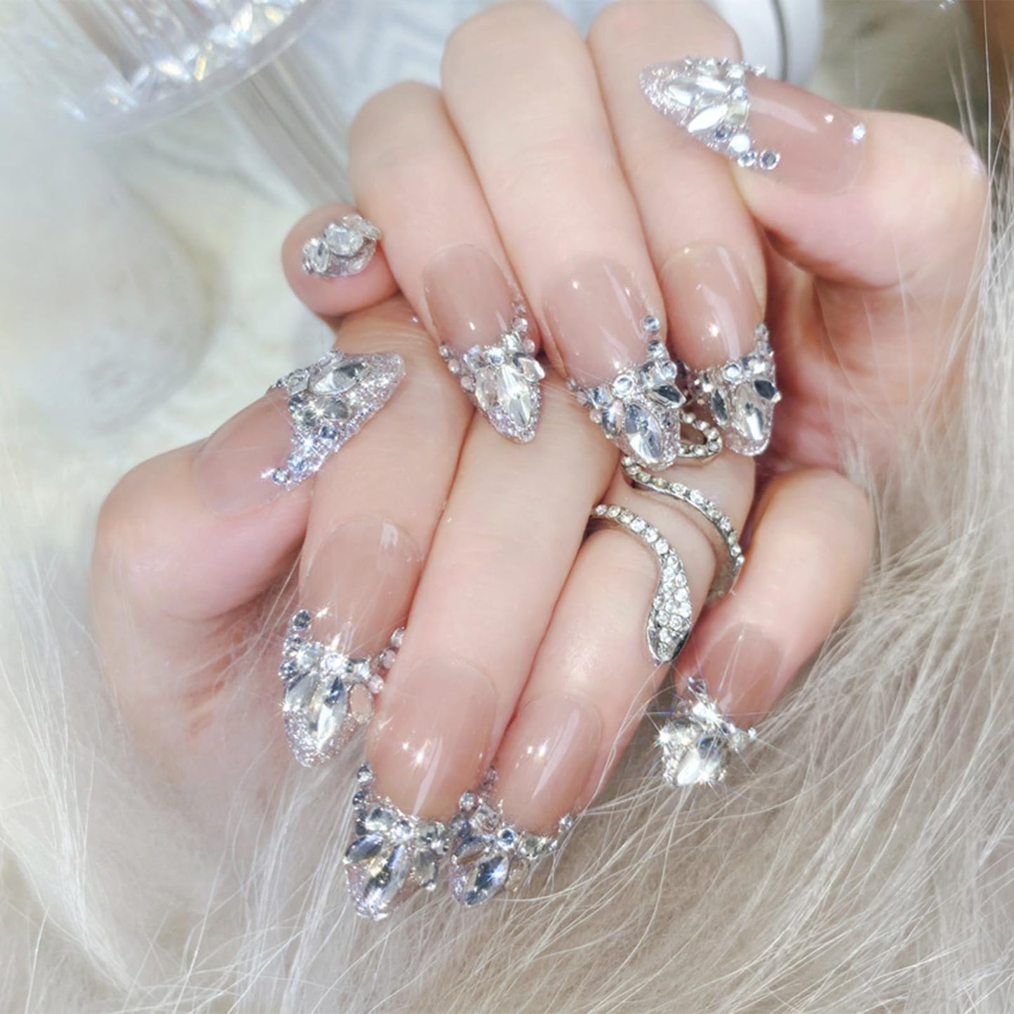 IMRAIN Medium Almond Silver Glitter French Tips False Nails with Rhinestone Designs - Glossy Full Cover Glue on Artificial Stiletto Nude Nails for Women Girls - 24 Pcs