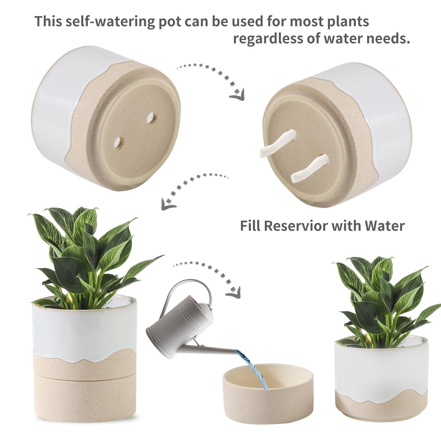 Nihow Self Watering Plant Pot for Indoor Plants: 4.5+6 Inch Ceramic Planter with Drainage Hole & Water Storage Plus - Cylinder Flower Pot with Wick for Herbs -White & Nature