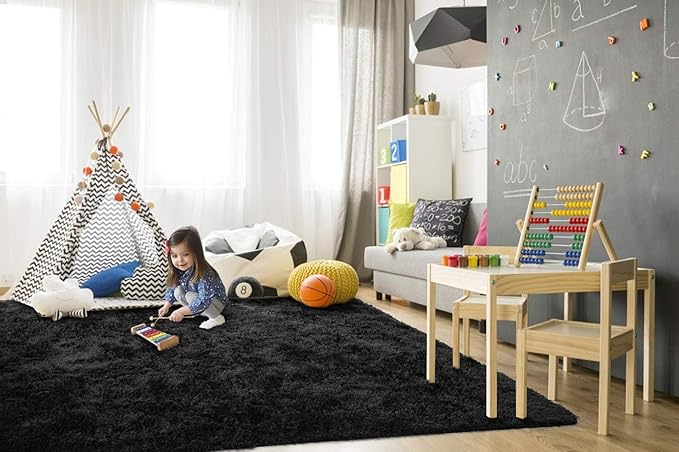 TWINNIS Super Soft Shaggy Rugs Fluffy Carpets, 4x5.9 Feet, Indoor Modern Plush Area Rugs for Living Room Bedroom Kids Room Nursery Home Decor, Upgrade Anti-Skid Rectangular Fuzzy Rug, Black