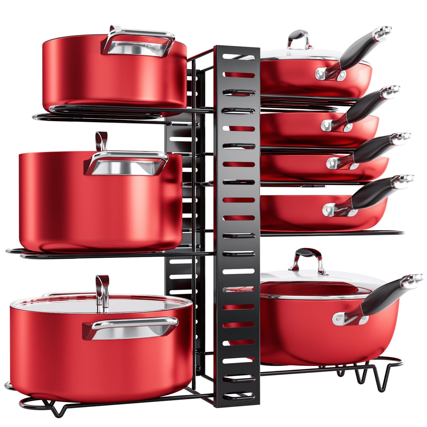 MUDEELA 8-Tier Pots and Pans Organizer under Cabinet, 16.61" Height Light Duty Pot and Pan Organizer Kitchen Cabinet Organization and Storage, Adjustable Pot Rack with 3 DIY Methods for Lids, Bakeware