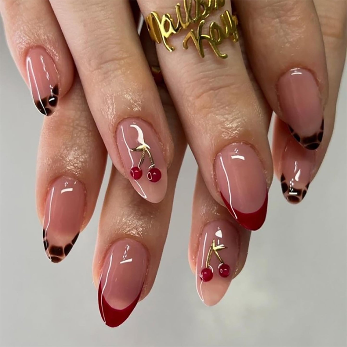 Mivota Medium Press On Nails Almond – 3D Cherry Design with Gold Branch, Red French Tips & Leopard Pattern, 24PCS Acrylic Fake Nails with Glue & Tools, Glossy Reusable Stick On Nails for Women