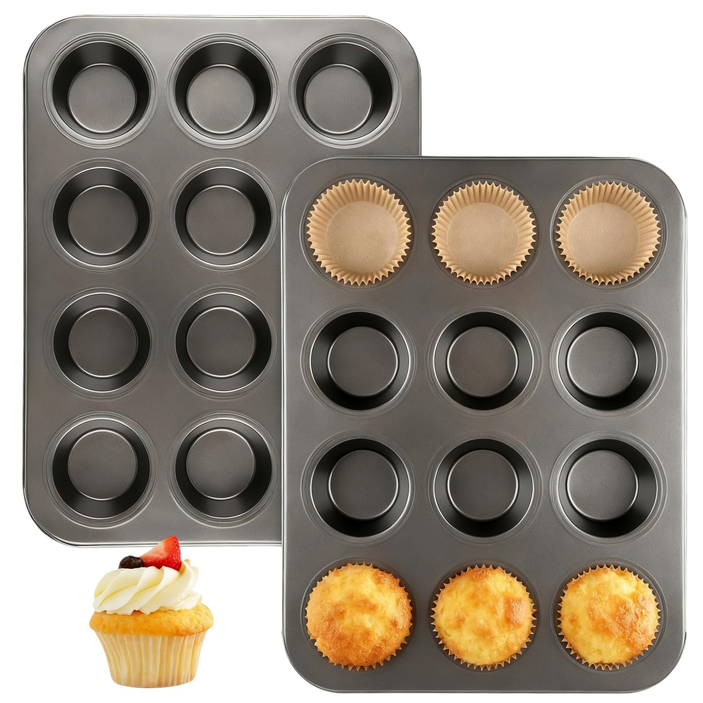 Artcochan 2 Pack Muffin Pan with 100 Cupcake Liners, 12 Cup Nonstick Cupcake Pan for Baking, Carbon Steel Baking Supplies Muffin Tin