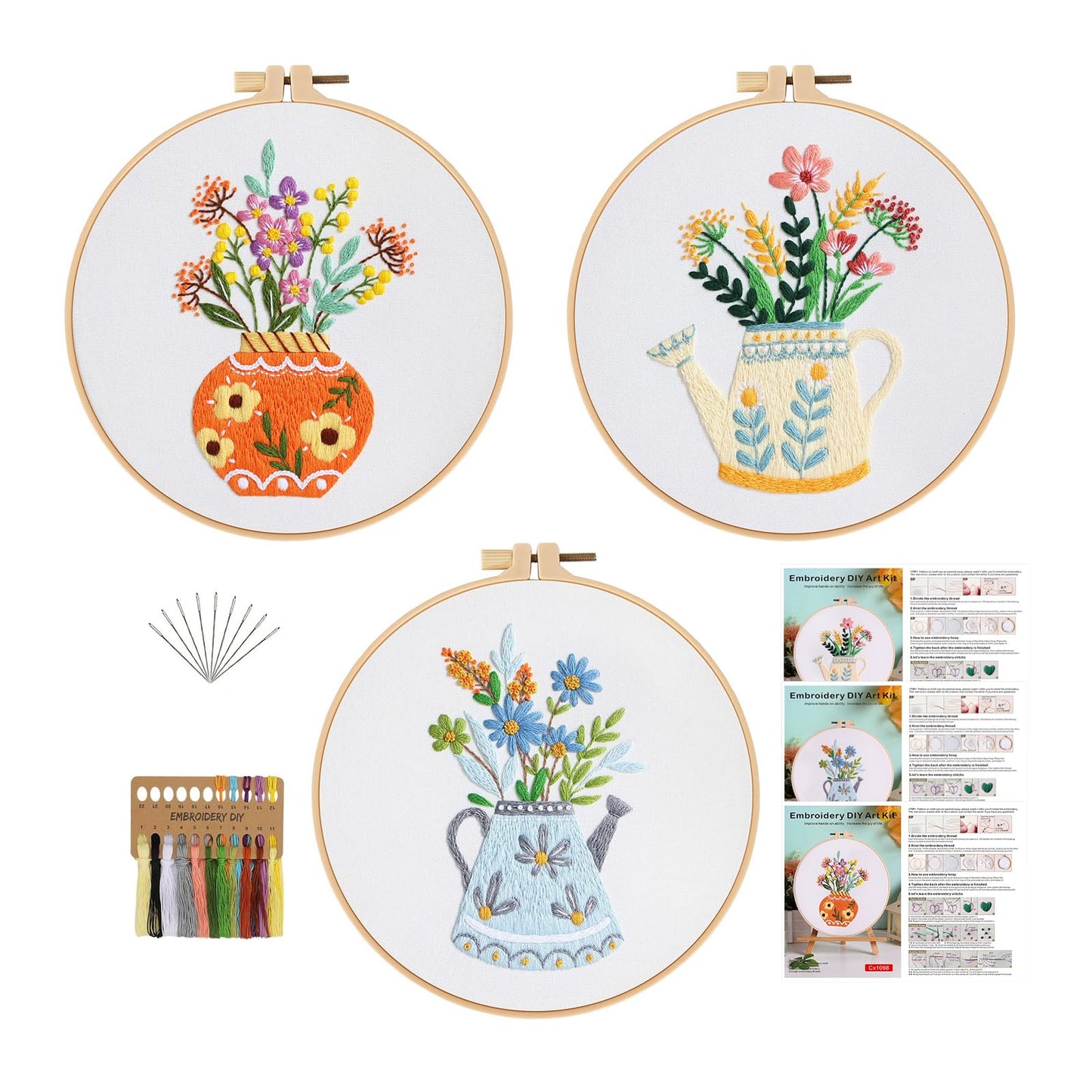 GLTAYLMY 3pcs Embroidery Starter Kit with Vase Pattern, Stamped Cross Stitch Kits for Beginners Adults with Embroidery Hoop and Instructions, Hand Embroidery Kit