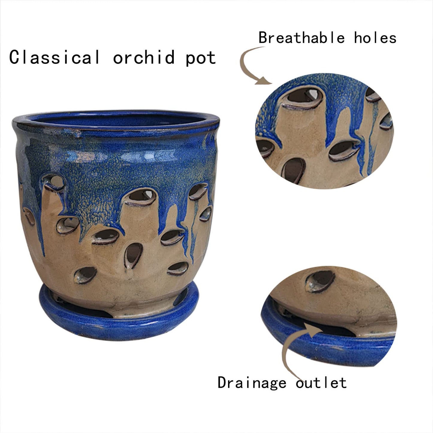 Fowargif Large 6inch Ceramic Orchid pots with Holes, Flower Pot with Saucer for Indoor Plants Home Decorative, Round Planter (Blue+Light Brown)