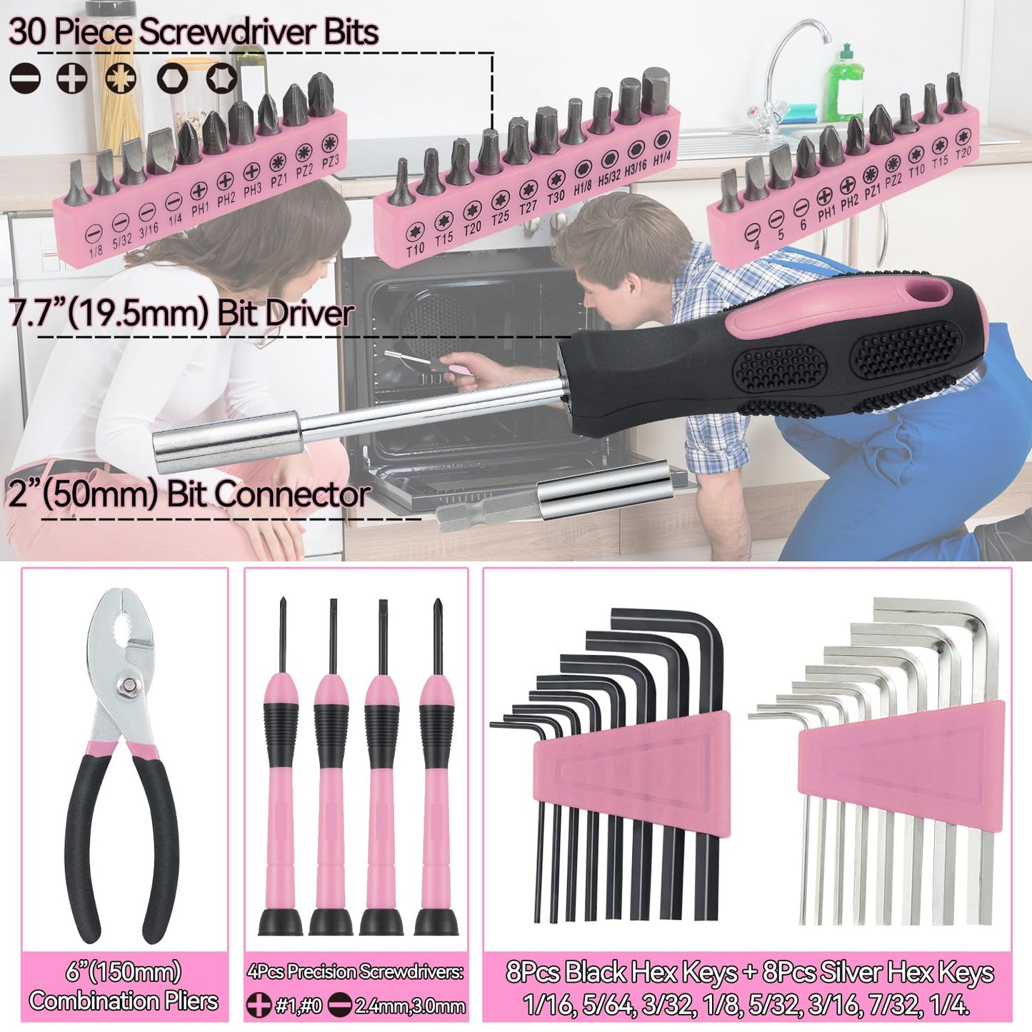 MARTCOLOR 58 Piece Household Tool Set, General Household Hand Tool Kit with Plastic Toolbox Storage Case, All Purpose Household Tool Kit for Women, Girls and Ladies, Pink