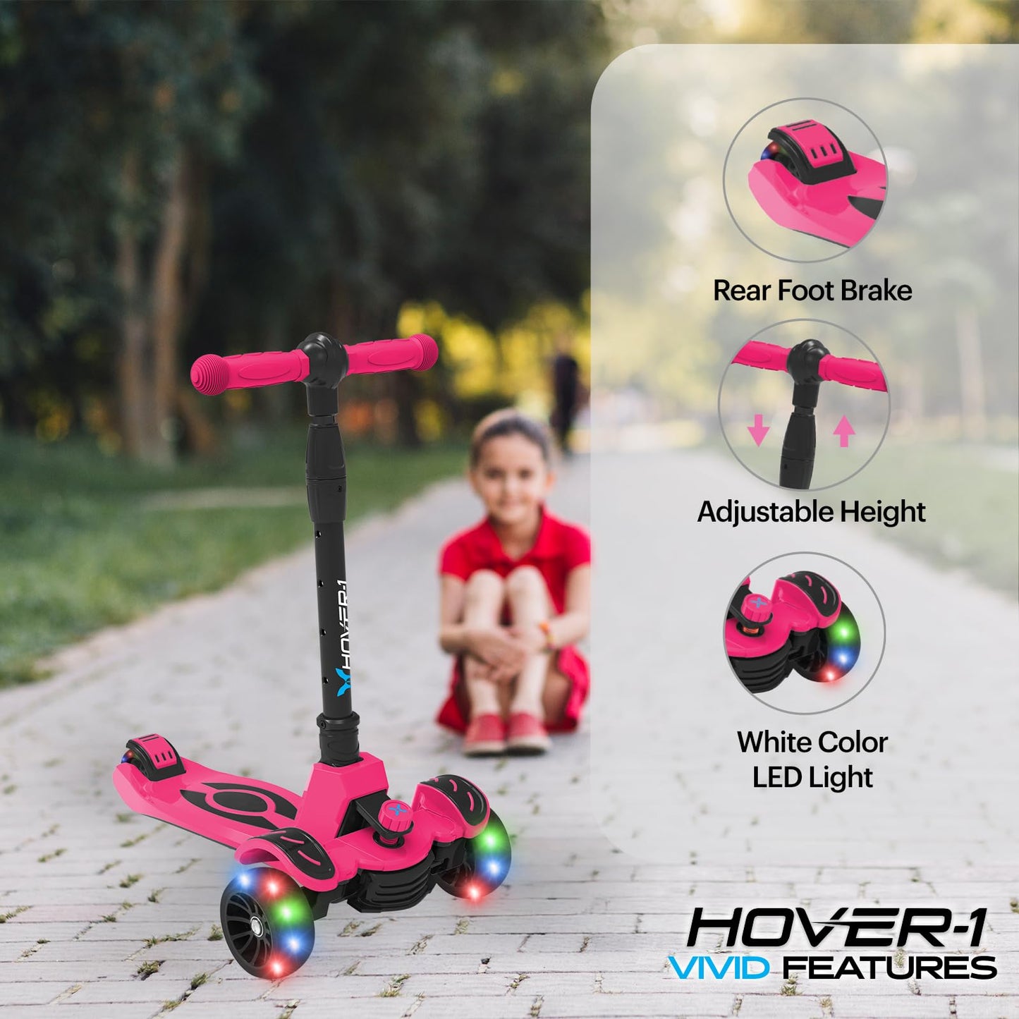 Hover-1 Vivid Folding Kick Scooter for Kids (5+ Year Old) | Features Lean-to-Turn Axle, Solid PU Tires & Slim-Design, 110 LB Max Load Capacity, Safe, Pink
