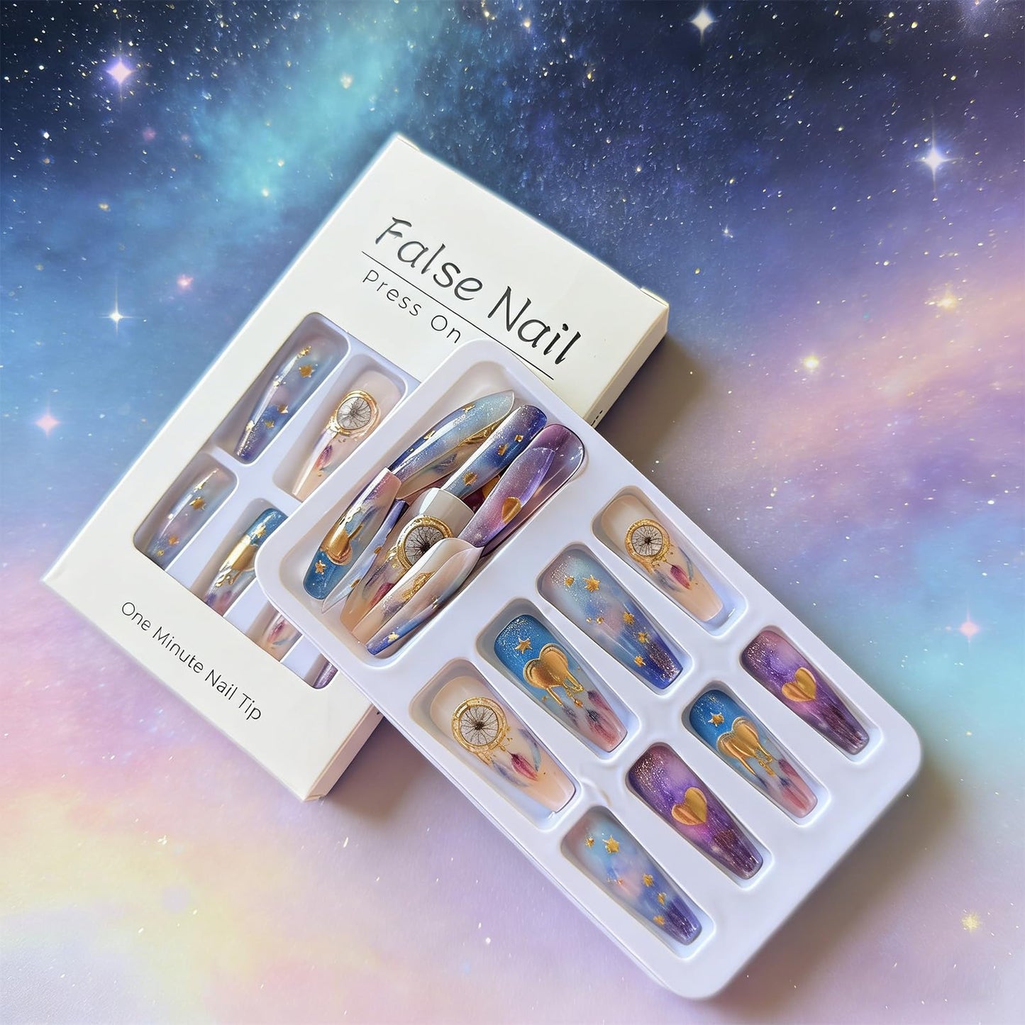 Medium Coffin Press on Nails Boho Chic Fake Nails Cosmic Galaxy False Nails with 3D Gold Heart Star Dream Catcher Designs Reusable Artificial Nail Full Cover Stick on Nails for Women Manicure