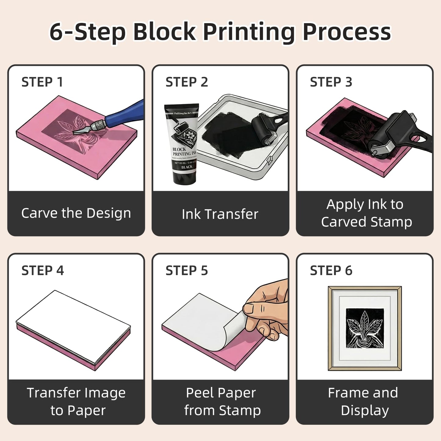 Falling in Art Linocut Kit for Printmaking, Rubber Block Stamp Printing Kit with Linoleum Blocks, Ink Paint and Brayer, DIY Carving Gift for Beginners and Artists