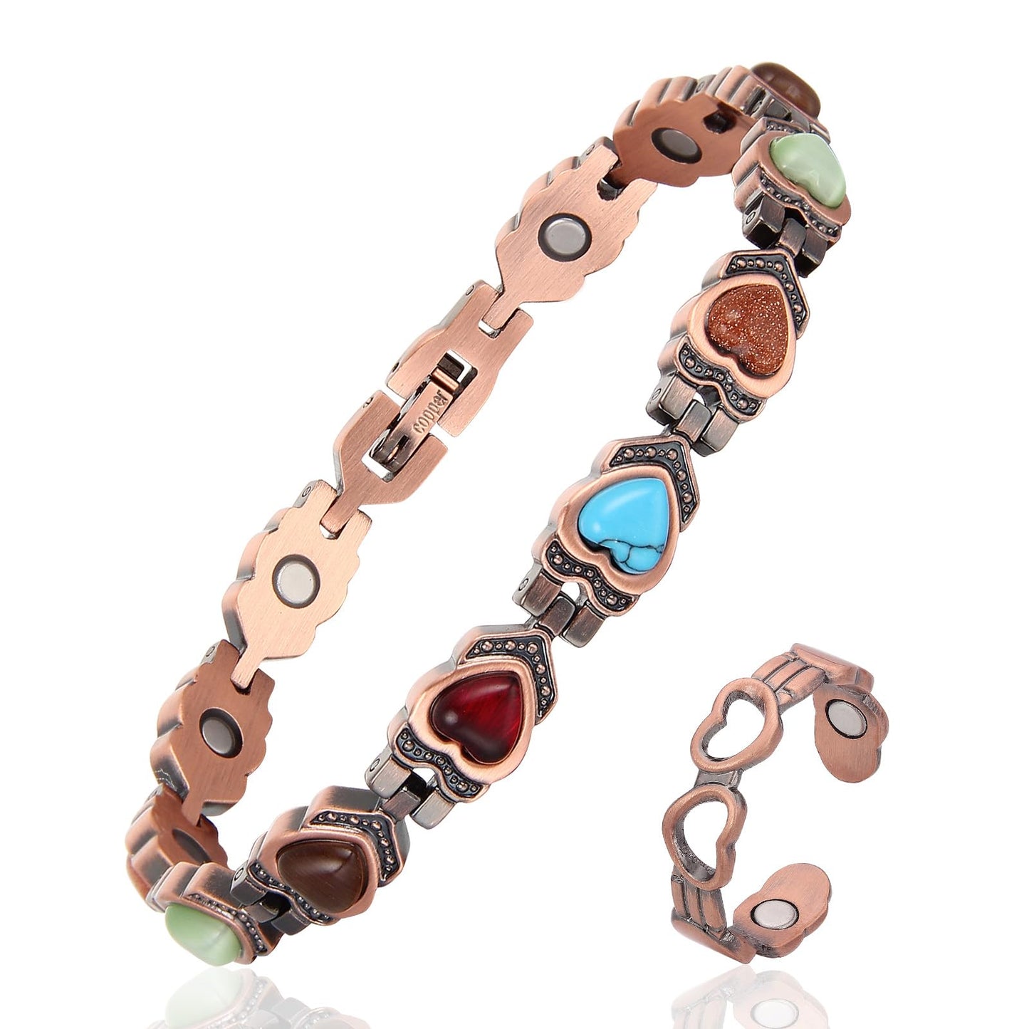 Fashtour 99.99% Pure Copper Magnetic Bracelet and Ring Set for Women, Heart Wire Design Adjustable Jewelry with 3800 Gauss Magnets, Elegant Gift Box (Heart Ring Set)