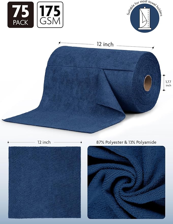 Fantasticlean Microfiber Cleaning Cloth Roll -75 Pack, Tear Away Microfiber Towels, 12" x 12", Reusable, Washable, Scratch Free, Ultra Absorbent Dish Rags for Car, Home, Garage or Shop (Navy Blue)