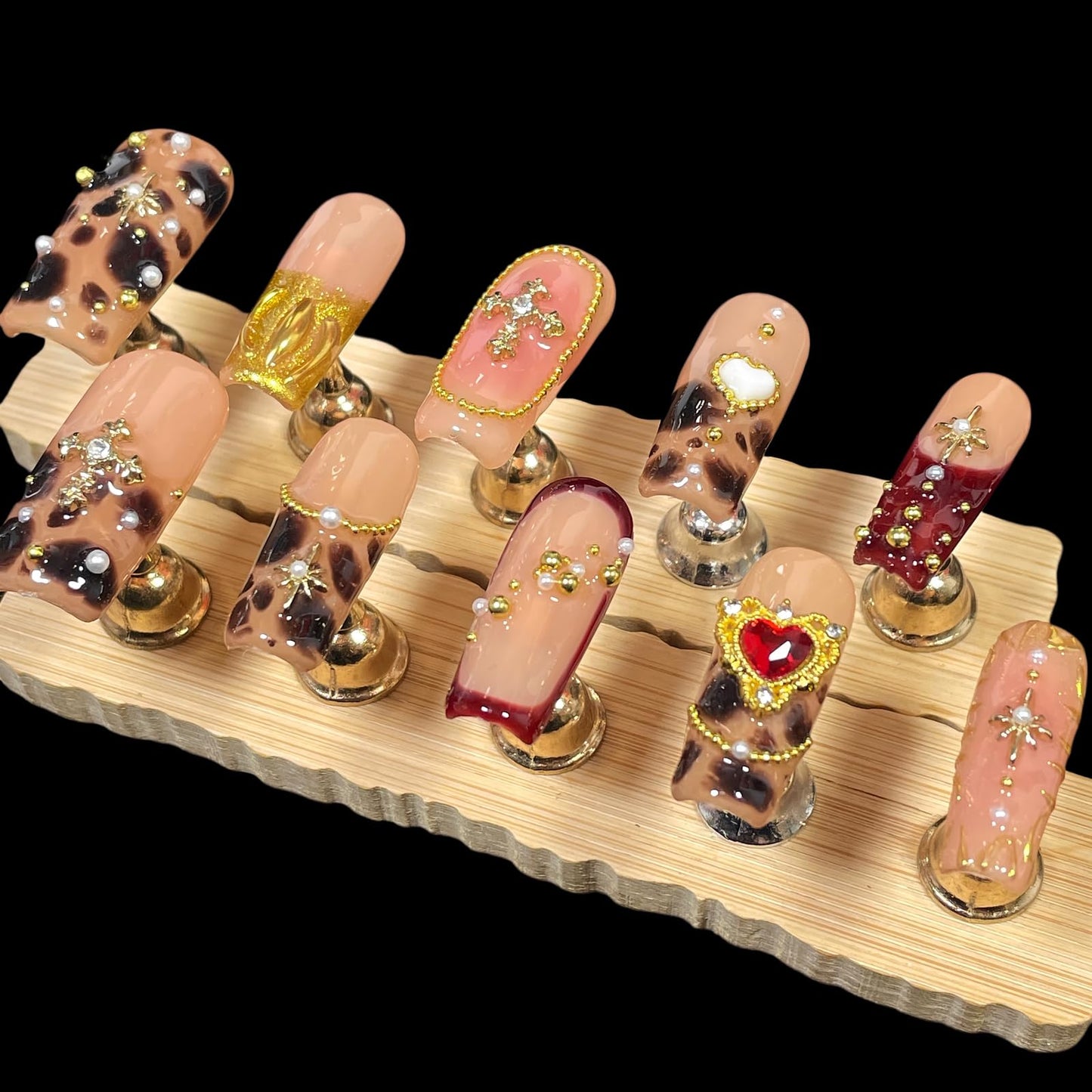 Handmade Press on Nails with Diamond & Gold Cross Chain - Amber Print Medium Long Square False Nails, Reusable Acrylic Luxury Glam Nail Art (Amber, S)