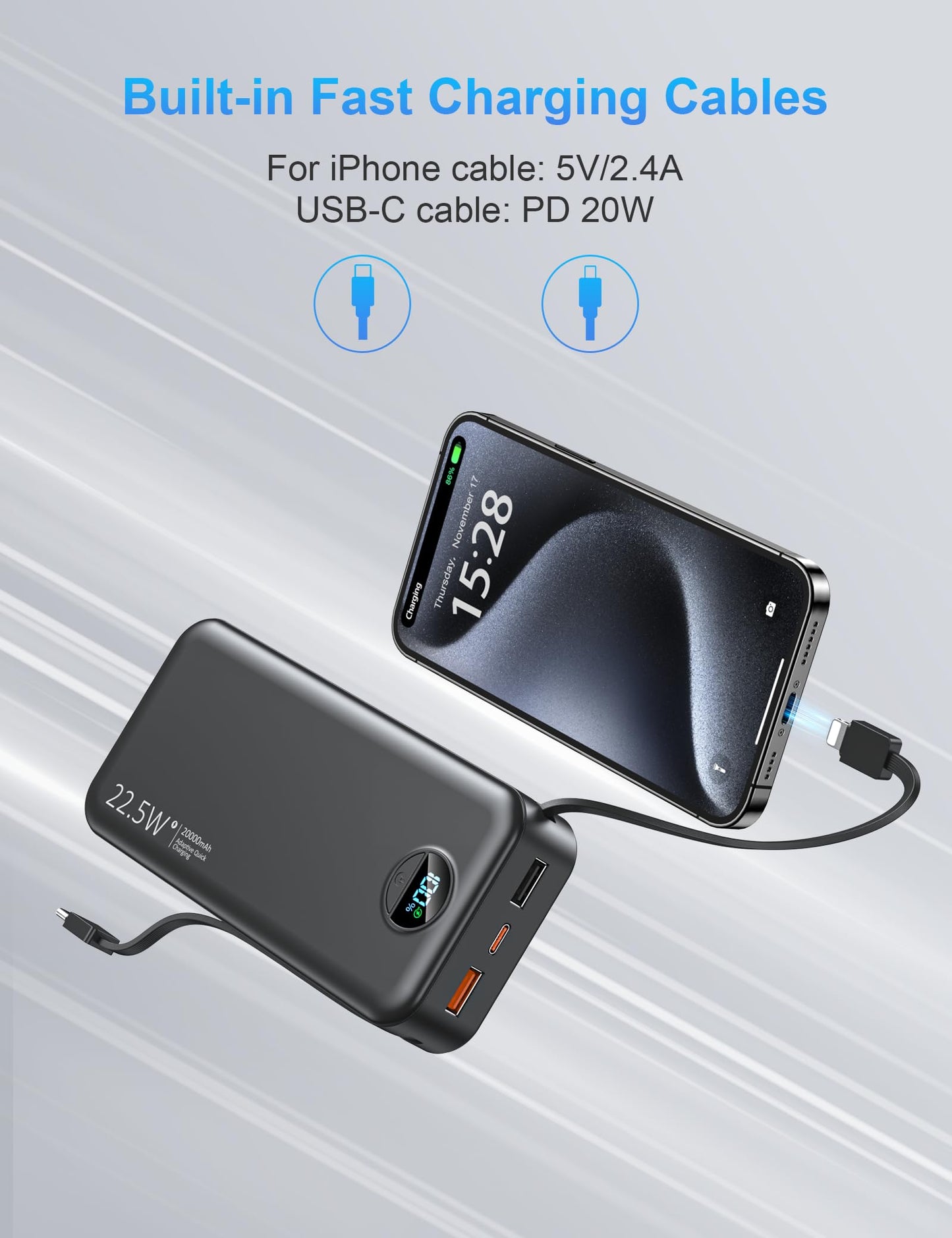 Ffnpua Portable Charger with Wall Plug, 20000mAh USB C Fast Charging Power Bank, External Battery Pack with Built in Cables, Digital Display, 5 Output 2 Input for iPhone Android Cell Phone Tablet