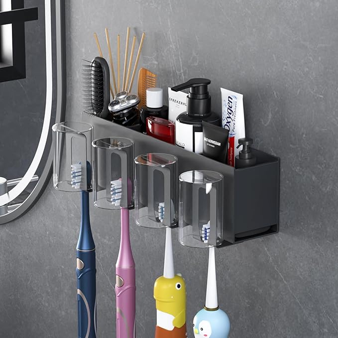 Toothbrush Holders for bathrooms, Toothbrush Holders Wall Mounted, Self-Adhesive Aluminum Toothbrush Organizer, Family-, Storing toothbrushes, Razors, Combs and ot(Titanium Gray)