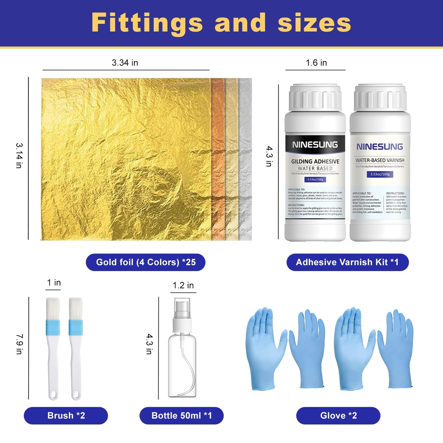 Ninesung Gold Leaf Gilding Adhesive Set, 100ml Water Based Glue and 100ml Varnish, 4 Colors Gold Leaf Sheets 100 pcs, 2 Brushes, Spray Bottle, Gold Leaf Kit for Craft, Painting and Arts