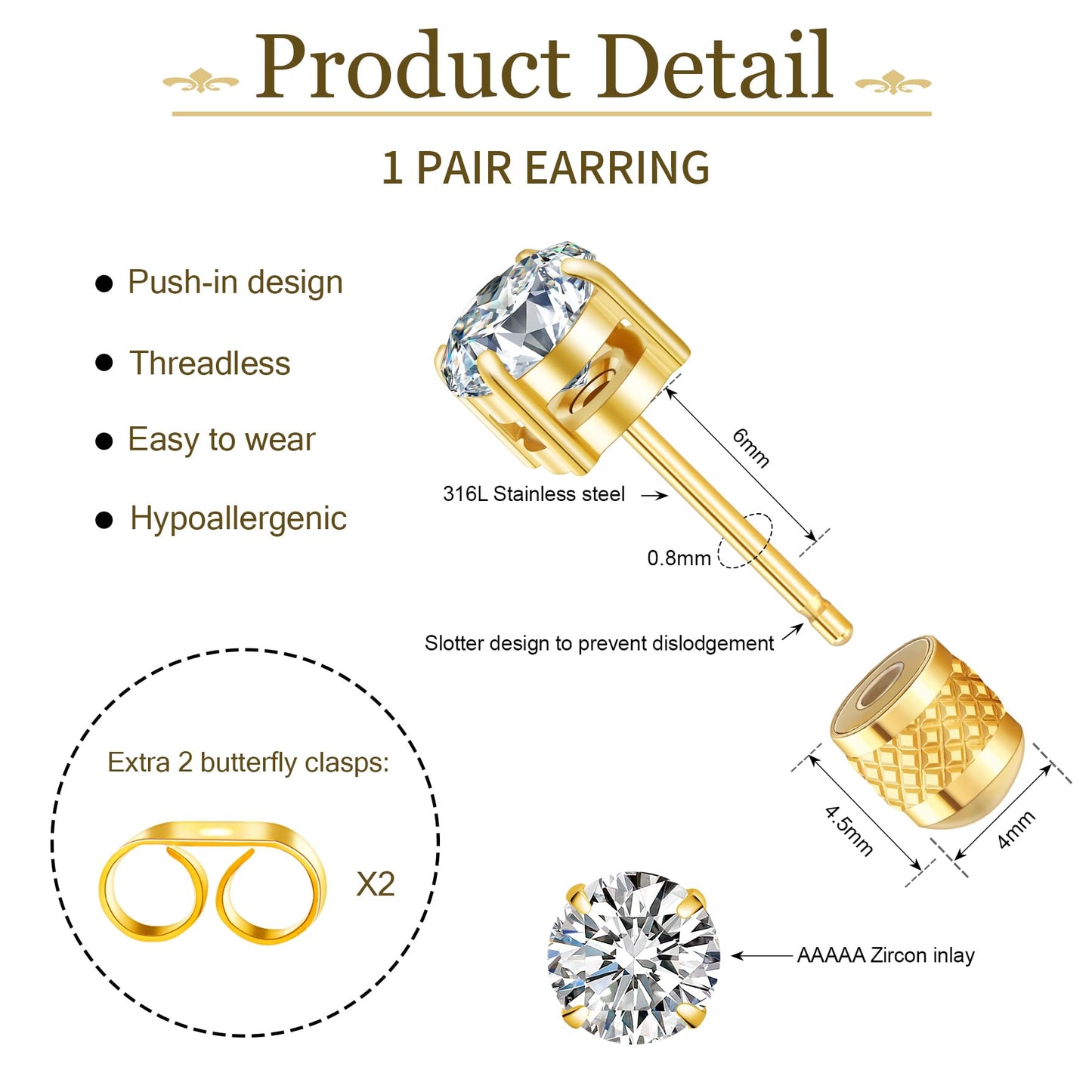 Hypoallergenic Threadless Flat Back Earrings,1 Pairs Cartilage Stud for Women Men Titanium Post 20G None Screw Easy Push in Gold Black Silver Stainless Steel Flatback with CZ 3-8mm (Gold Stud, 6mm)