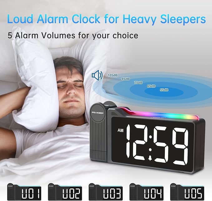 Peakeep Projection Alarm Clock for Bedroom Ceiling with Colorful Nightlight