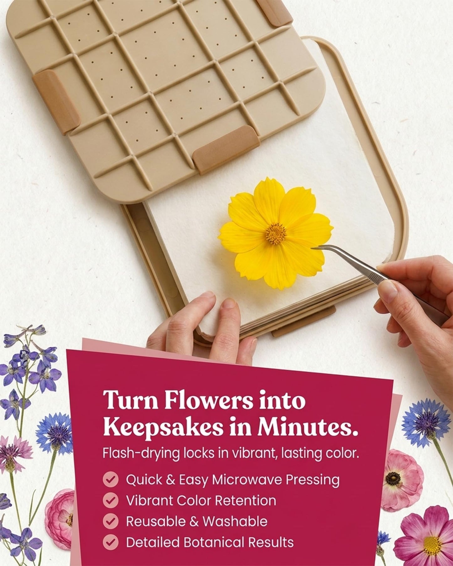 Microfleur Flower Preservation Press Kit, Portable Quick & Easy for Pressed Flowers, Craft Flower Press Kit, Pressing Dry Bouquet & Leaf, Washable Cloth for Lasting Color Fits Most Microwave, 9 inch