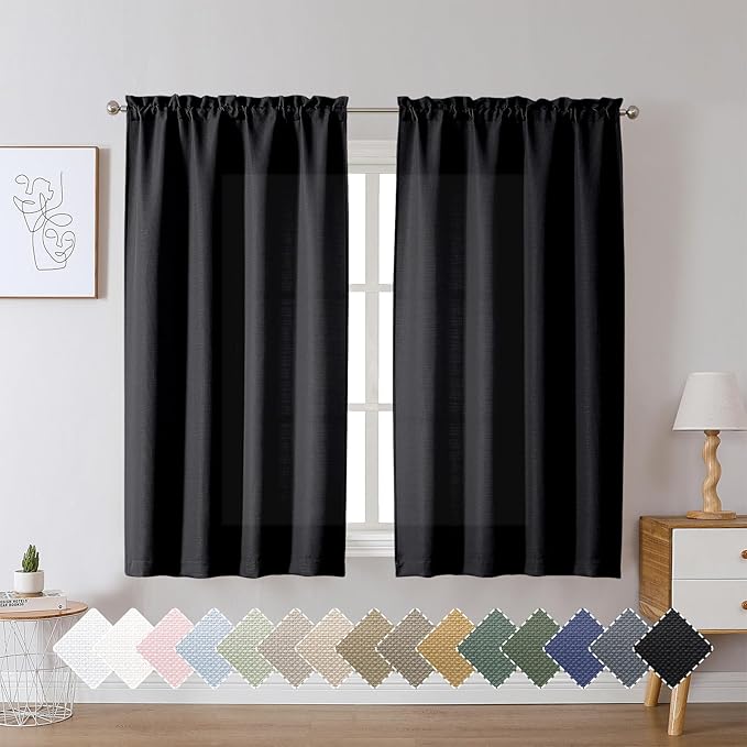 Chyhomenyc Black Curtains 45 Inch Length 2 Panels, Faux Linen Textured Semi Sheer Light Filtering Soft Airy Rod Pocket Window Treatment Drapes for Living Room Bedroom, Each 30" Wx45 L