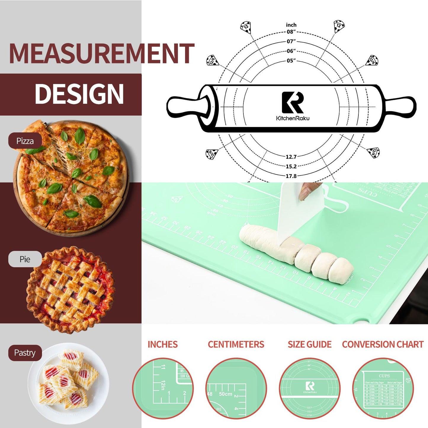 Silicone Baking Mat 20"L x 28"W, Extra Thick Dough Rolling Pad with Measurements and Edge Heightening, Non-stick Food Grade Silicone Pastry Mat for Pastry, Bread, Cookies