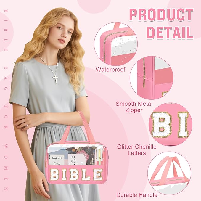 Chenille Letter Bible Bag Cover Case for Women,Preppy Bible Study Supplies Church Bag Purse Bible Accessories with Handle Zipper,Waterpoof Travel Makeup Bag Christmas Christian Gifts(BIBLE-Pink)