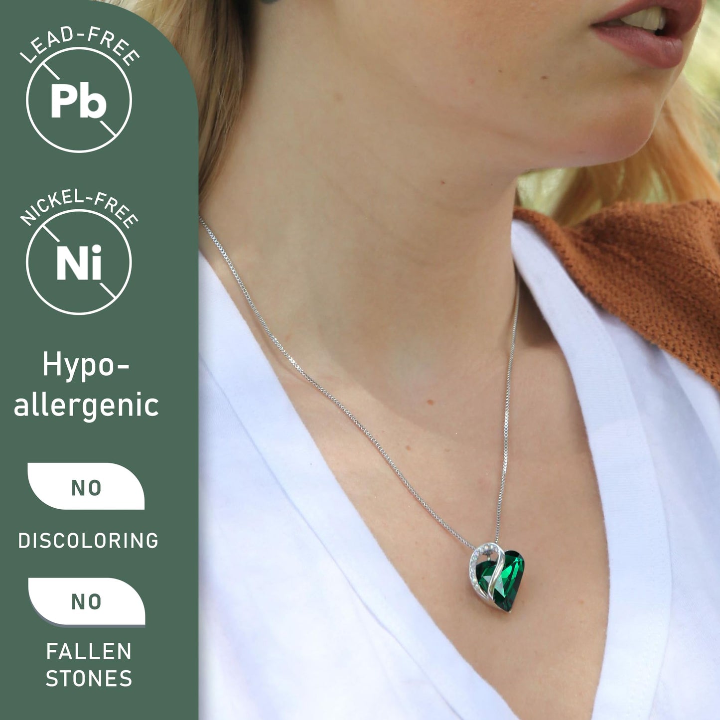 Leafael Gift Necklaces for Women, Infinity Love Birthstone Heart Pendant with Emerald Green Crystal for May, Birthday Jewelry for Her, Mom, and Wife, Silver Plated, 18 + 2 inch Chain