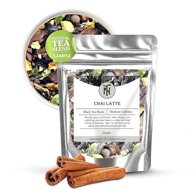 Nelson's Tea - Chai Latte (Caffeine Free) - Honeybush, cinnamon, cardamom seeds, clove, ginger root, allspice, cardamom pods, toasted coconut, licorice root, peppercorn, orange peel (Sample 0.5 Oz)