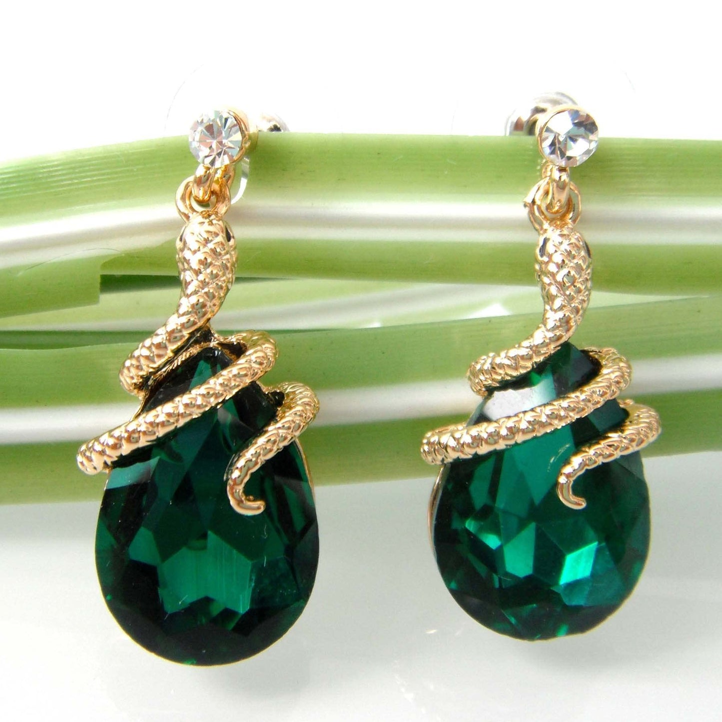Navachi 18k Gold Plated Crystal Green Zircon Snake Drop Dangle Earrings