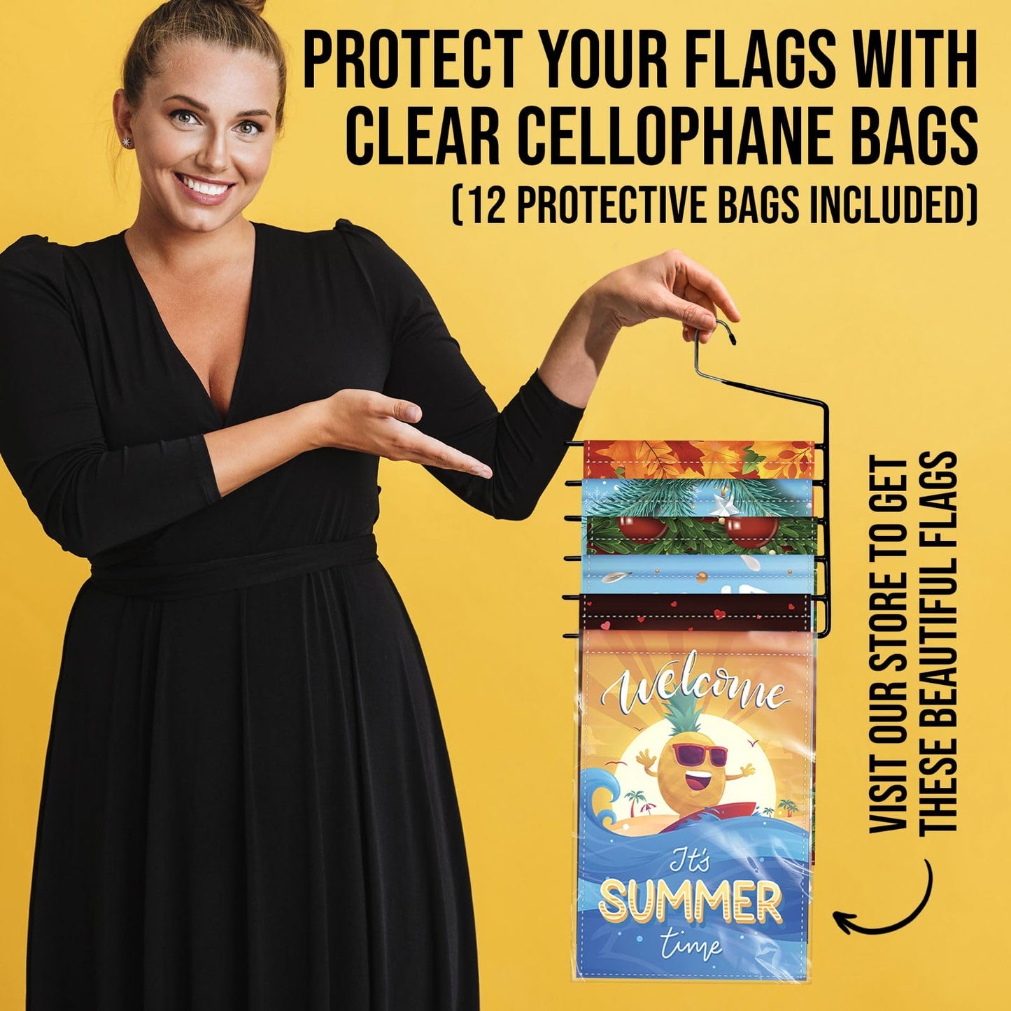 Garden Flags Hangers 2Pack 6 Tier with 15 Protective Bags, Garden Flag Storage, Organizer Holder, Heavy Duty Multi Layers Space Saving, Non Slip Open Ended Hangers for Multi use, Pants Organizer