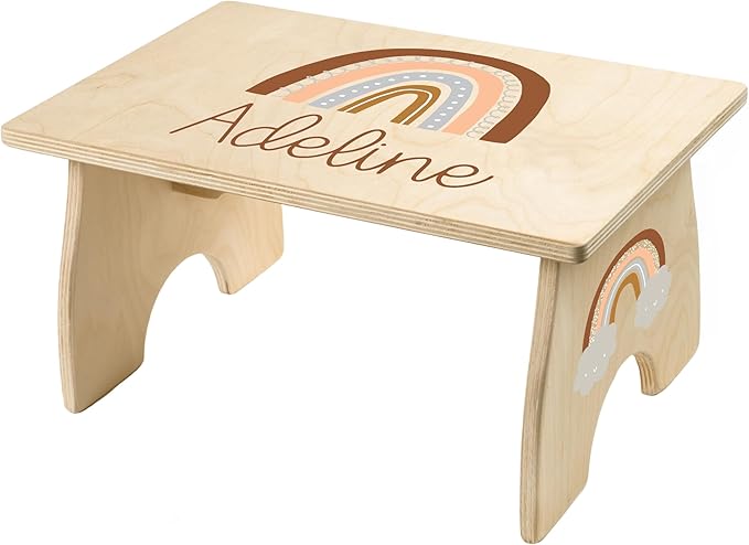 Rainbow Step Stool for Toddlers- Personalized Wood Kids Step Stool with Name for Kitchen Sink, Bathroom, Potty Training, Toilet, Kitchen Sink- Sturdy and Safe- Made in USA by BloomOwl (Rainbow)