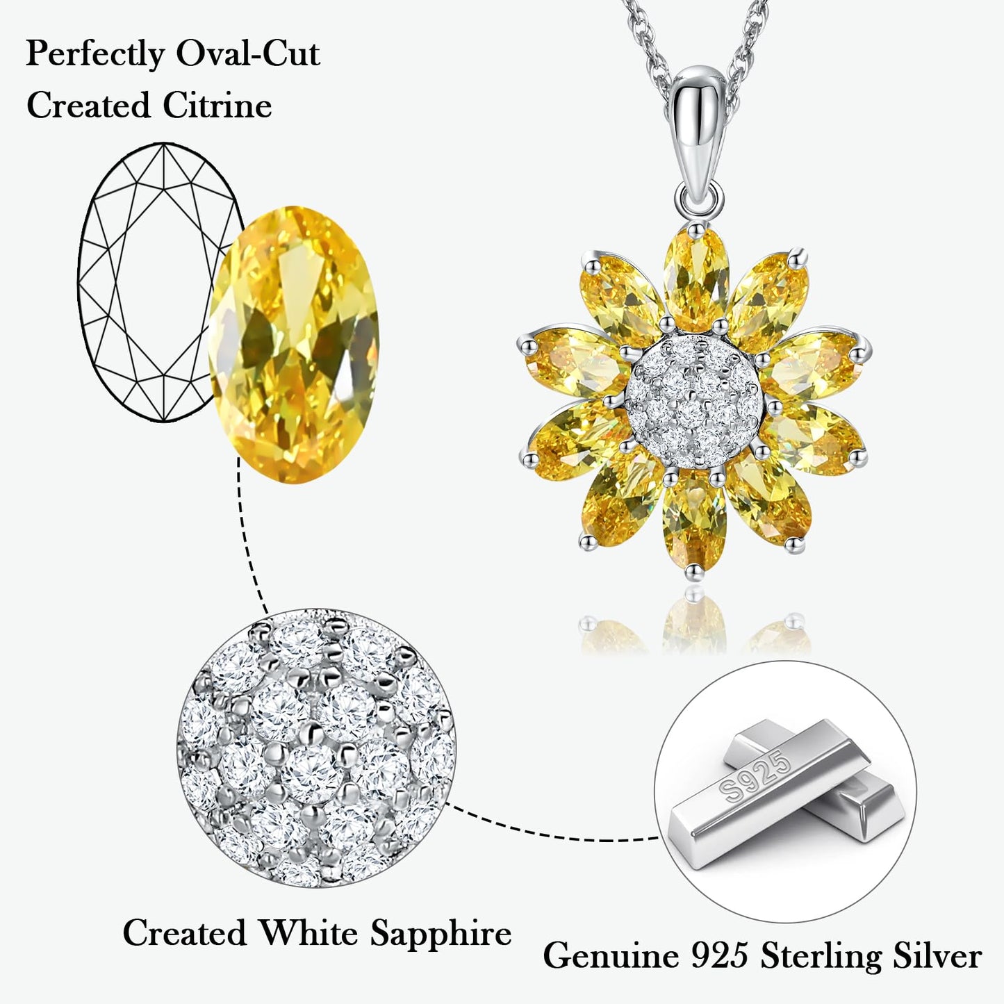 RANDES 925 Sterling Silver Sunflower Necklaces for Women Small Created Citrine Crystal Pendant Sunshine Flowers Necklace