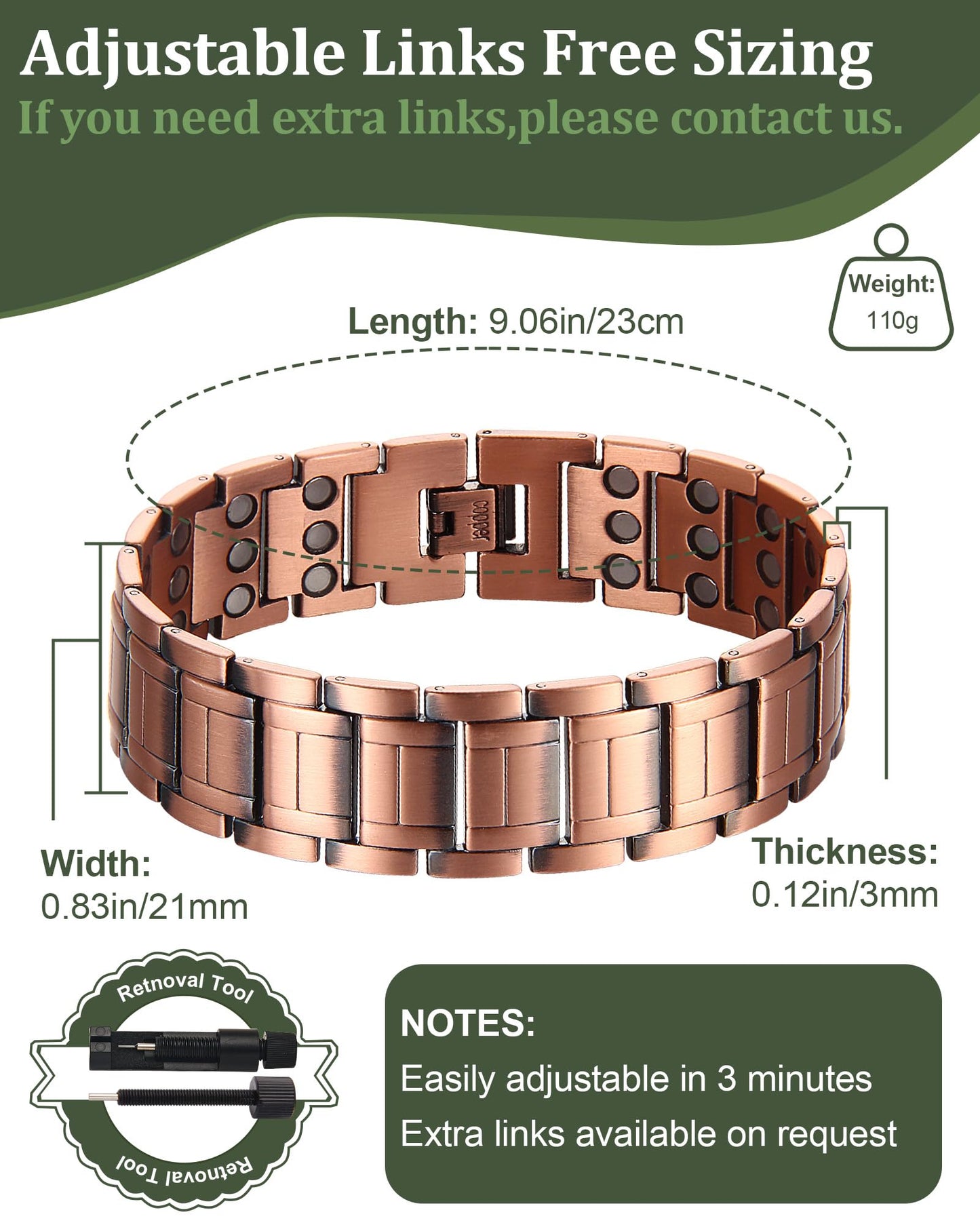 Fashtour 3X Copper Bracelet for Men, Triple Ultra Strength Magnets, Pure Copper Magnetic Bracelet and Ring Set, Adjustable Length with Sizing Tool(Copper)