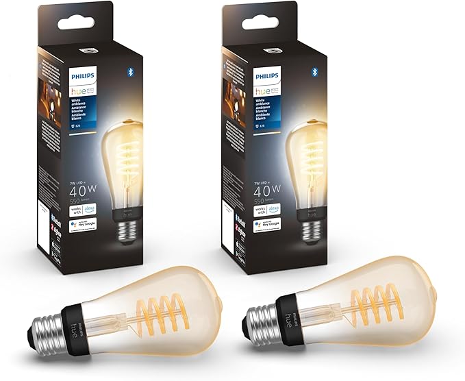 Philips Hue Smart 40W ST19 Filament LED Bulb - White Ambiance Warm-to-Cool White Light - 2 Pack - 550LM - E26 - Indoor - Control with Hue App - Works with Alexa, Google Assistant and Apple Homekit